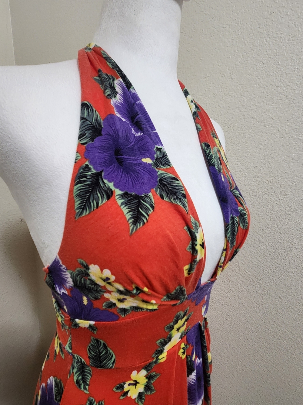 💐VTG Free People Red Tropical Floral Halter Hawaiian Dress Size S Boho Beach - Picture 10 of 16